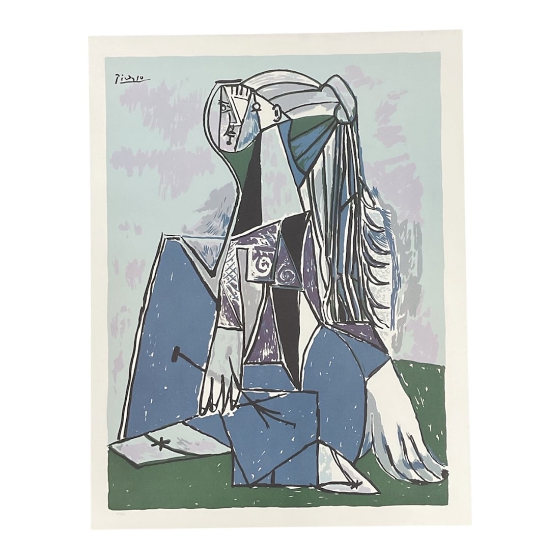 "Portrait of Sylvette David" after Pablo Picasso w/ COA: Offset lithograph on paper after Pablo Picasso's 1954 portrait of Sylvette David, one of the artist's most celebrated muses of the 1950s. The composition is rendered in Picasso's distincti