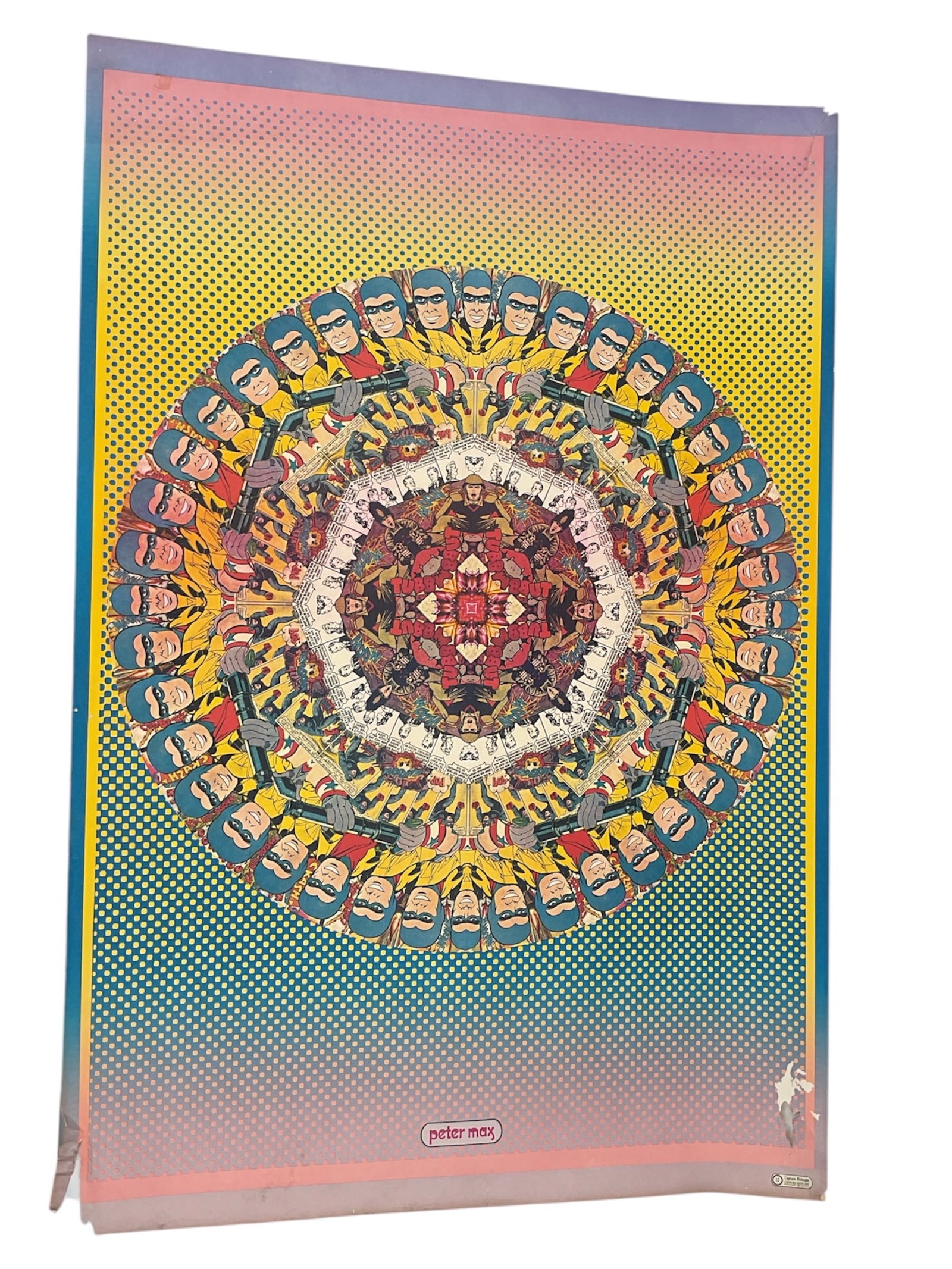 Peter Max Captain Midnight No. 12 Original Split Fountain Lithograph Poster 1969 w/ COA: A vintage lithograph poster titled Captain Midnight No. 12 by Peter Max, dated 1969, featuring a dynamic circular composition rendered in the artist’s signature psychedelic pop art style. The