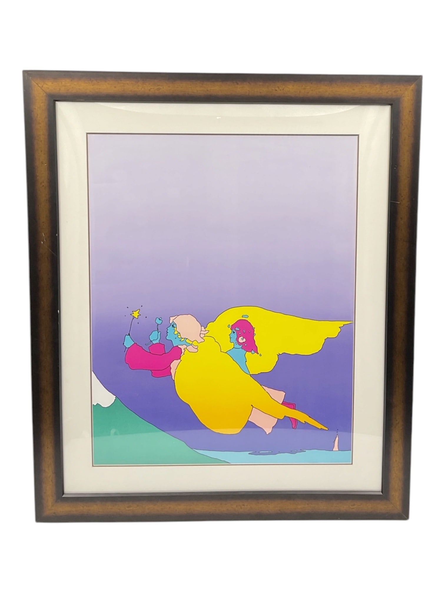 Peter Max Highest Mountain Lithograph Poster w/ COA: A large-format lithograph poster titled Highest Mountain by Peter Max, featuring the artist’s signature pop art style with bold, simplified forms and vibrant color blocking. The composition pres
