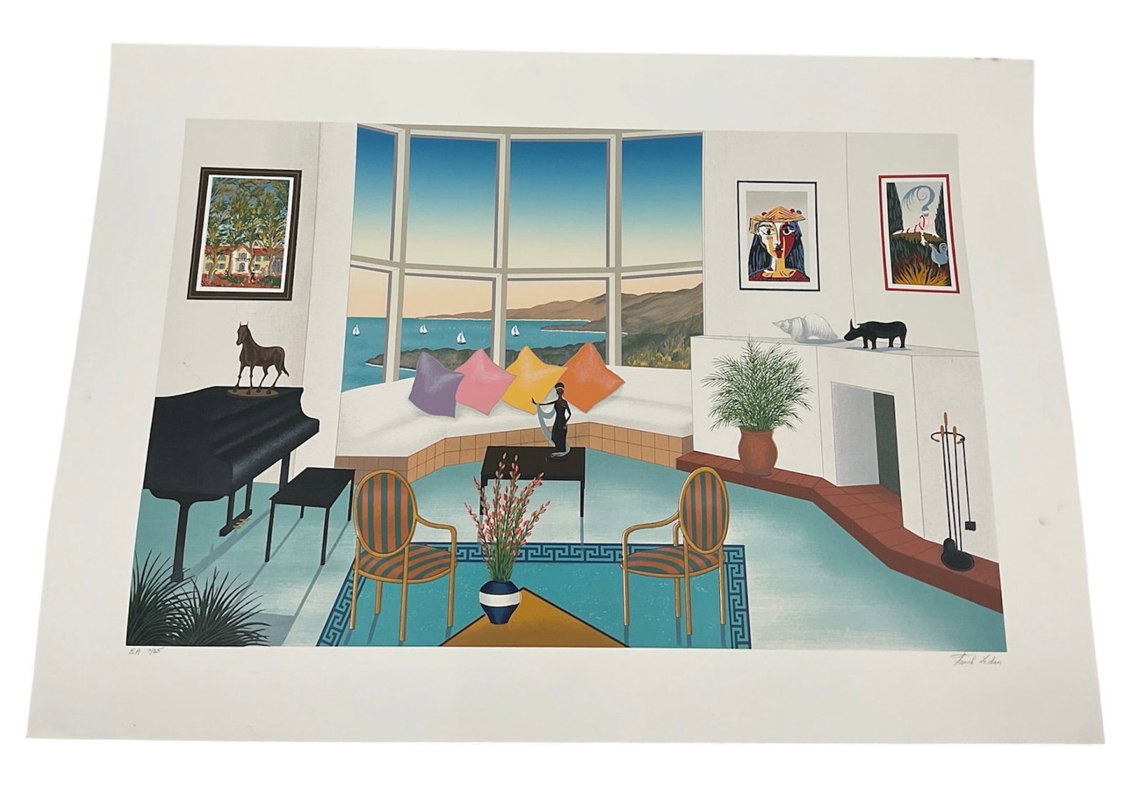 Fanch Ledan Interior with Picasso Limited Edition Serigraph EA 7/25 w/ COA: A limited edition serigraph on paper titled Interior with Picasso by Fanch Ledan, dated 1988. The composition depicts a refined, stylized interior scene overlooking a coastal view through large window
