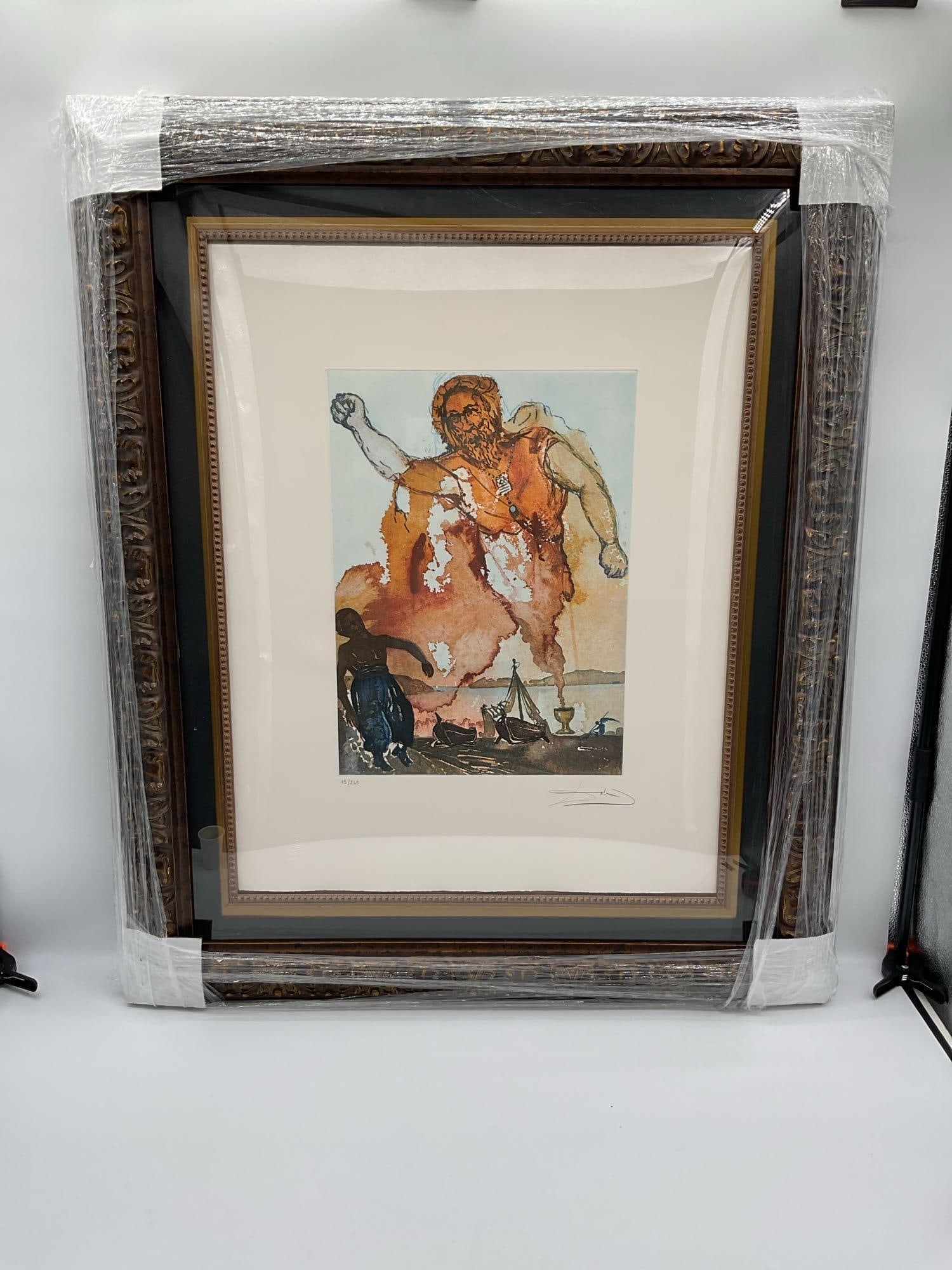 Le Géant d'Aladin (Aladdin’s Giant) by Salvador Dalí w/ Papers: Stunning surrealist print by Salvador Dalí, titled Le Géant d'Aladin, from the 1974 1001 Nights suite. This dramatic composition features a towering mythical figure with gestural str