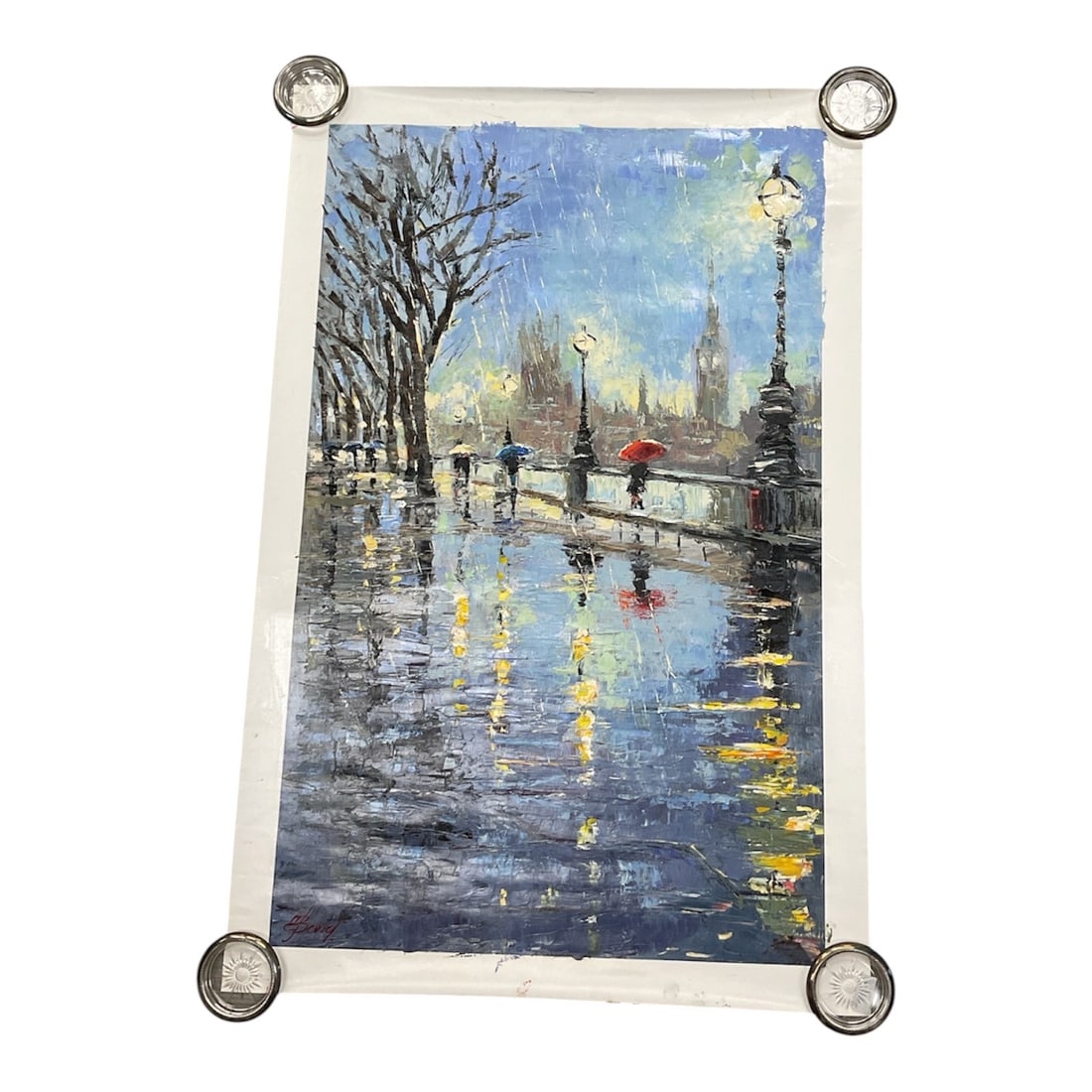 Elena Bond, "Evening Mist": Original mixed media on canvas titled Evening Mist by contemporary artist Elena Bond. The atmospheric composition depicts a rain-soaked city promenade with reflective water, glowing streetlights, and 