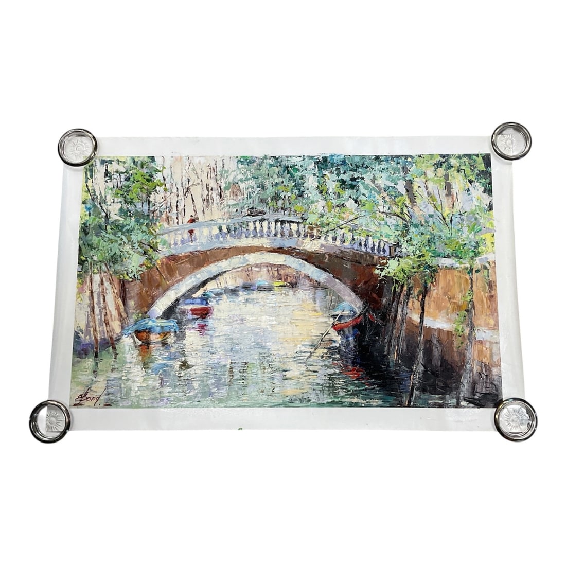 "Still Waters Under the Bridge" by Elena Bond w/ COA: Original mixed media on canvas by Elena Bond, titled "Still Waters Under the Bridge." The composition depicts a tranquil canal scene with a stone bridge spanning reflective waters, rendered with expre