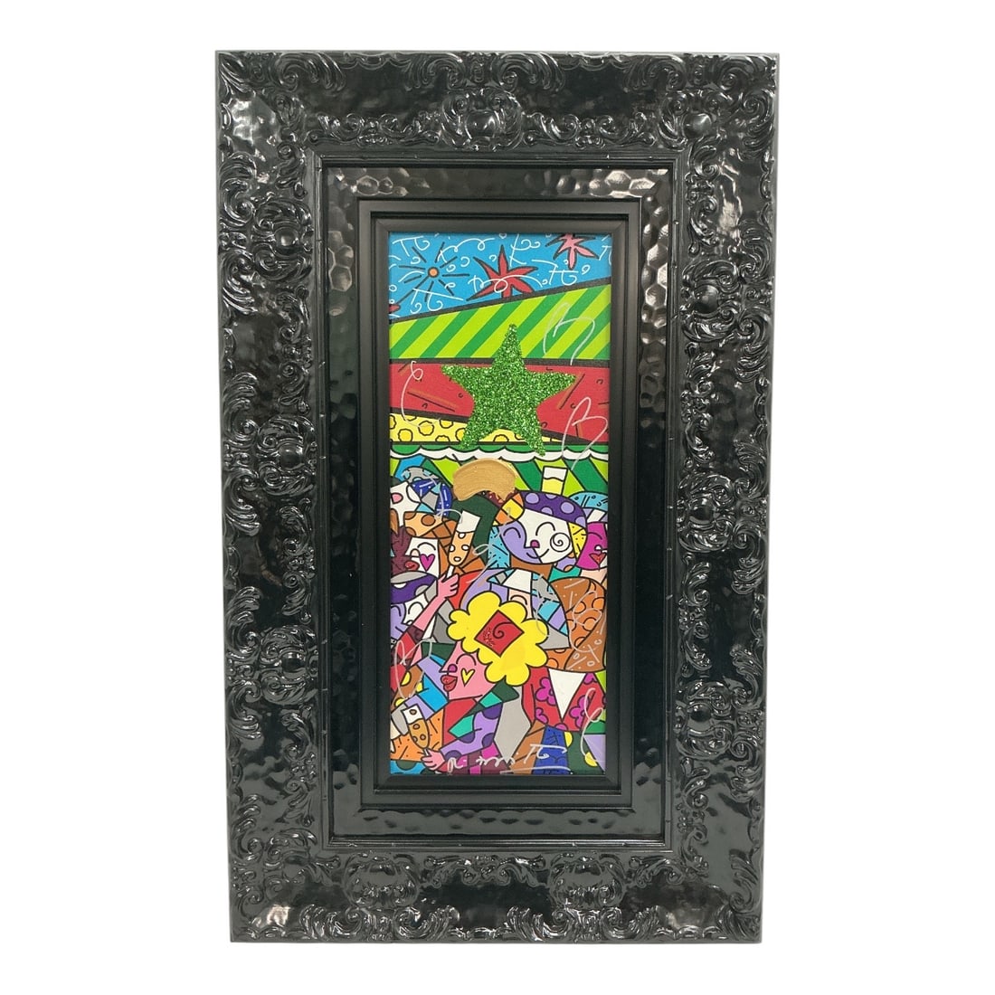 Romero Britto (Brazilian, b. 1963) Party Time, 2018 Mixed Media Embellished Canvas: Colorful mixed media embellished canvas by Romero Britto (Brazilian, b. 1963) titled