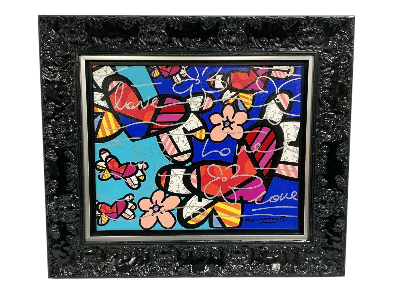 "Love Is in the Air Best Forever" Romero Britto (Brazilian, b. 1963) Mixed Media on Canvas: Colorful mixed media embellished canvas by Romero Britto (Brazilian, b. 1963) titled