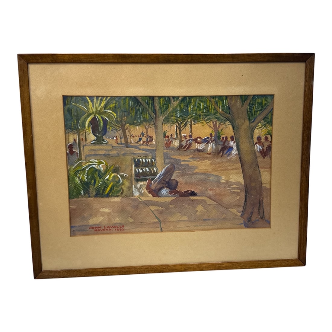 Havana Park Scene by John Lavalle (American, 1896-1971) Watercolor on Paper: This 1932 watercolor by American artist John Lavalle captures a sun-drenched afternoon in a Havana park. The composition features several figures resting in the shade of sprawling trees, with a promin