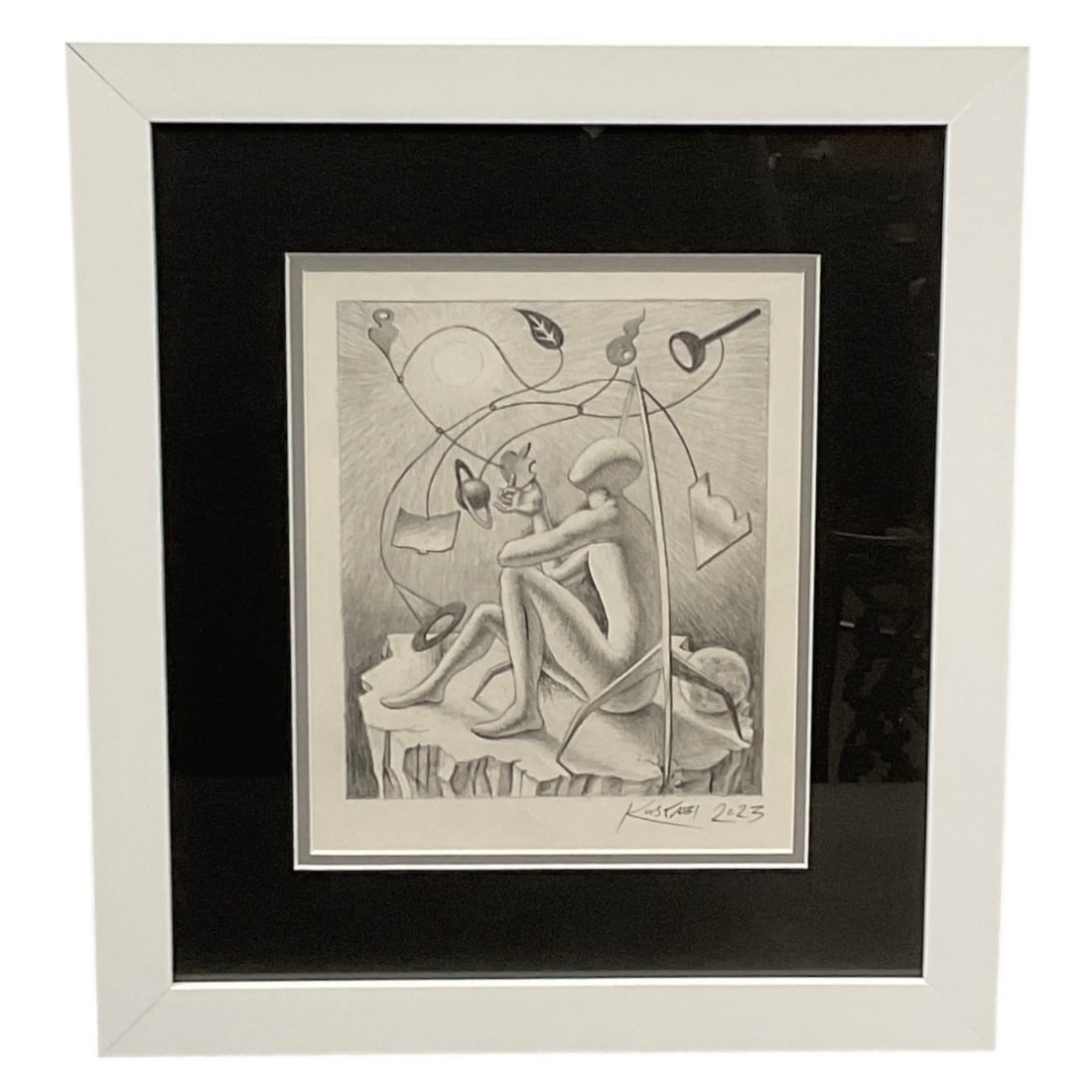 "Icons of Engagement" by Mark Kostabi (American, b. 1960), 2023: DescriptionAn intricate, original pencil drawing on paper by contemporary artist Mark Kostabi, created in 2023. The Surrealist composition features the artist's signature faceless figure sea