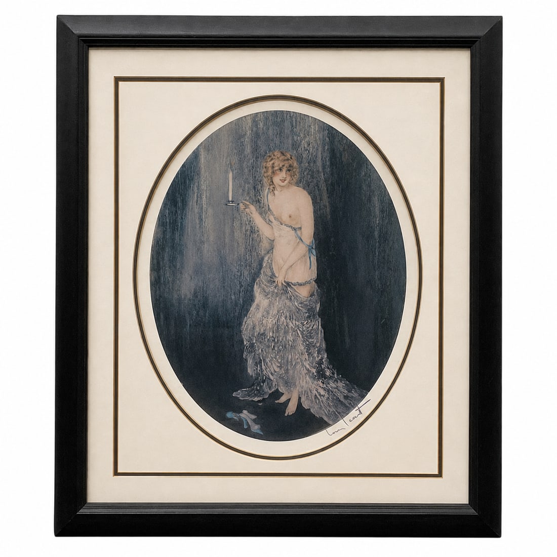 Louis Icart (French, 1888â€“1950) Nude with Candle Limited Edition Etching: Limited edition etching by French artist Louis Icart (1888–1950) depicting a standing female nude draped in a feathered wrap while holding a candle. The elegant composition exemplifies Icart'