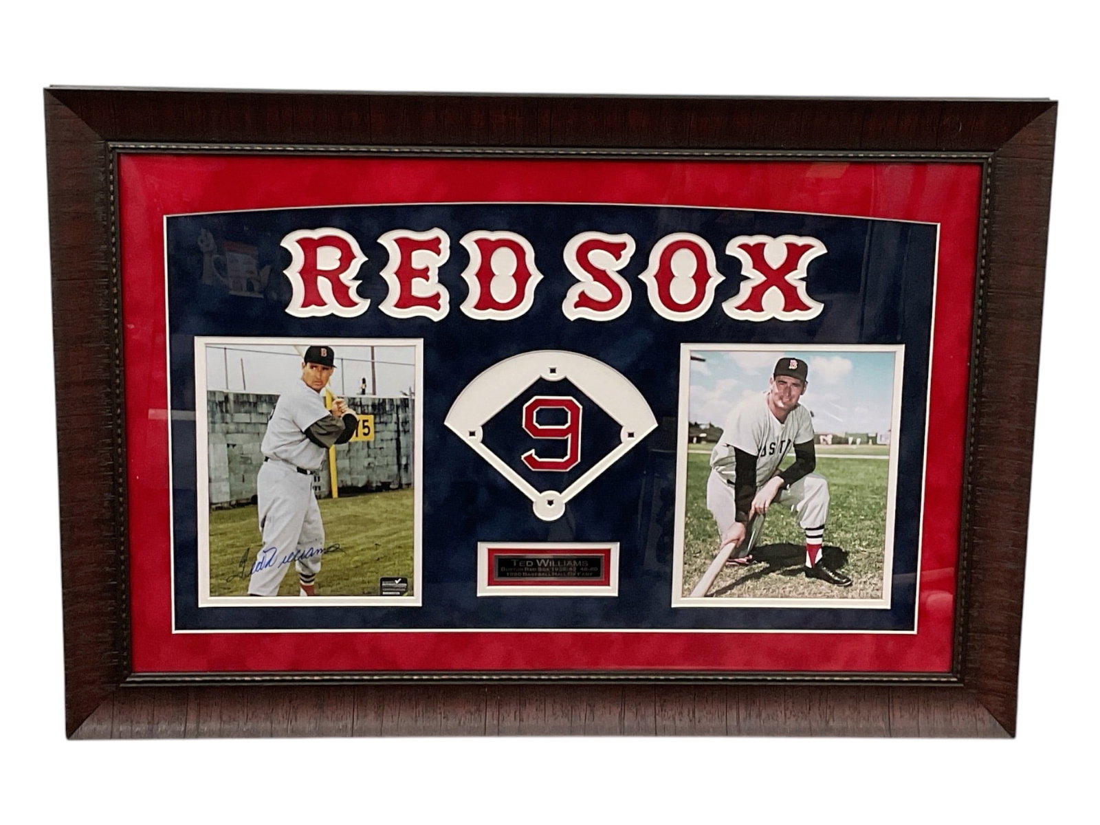 Ted Williams Signed Boston Red Sox w/ Papers: Framed sports memorabilia display featuring a color photograph of Hall of Famer Ted Williams (1918–2002) in his Boston Red Sox uniform, boldly signed in blue marker. The display includes a decor