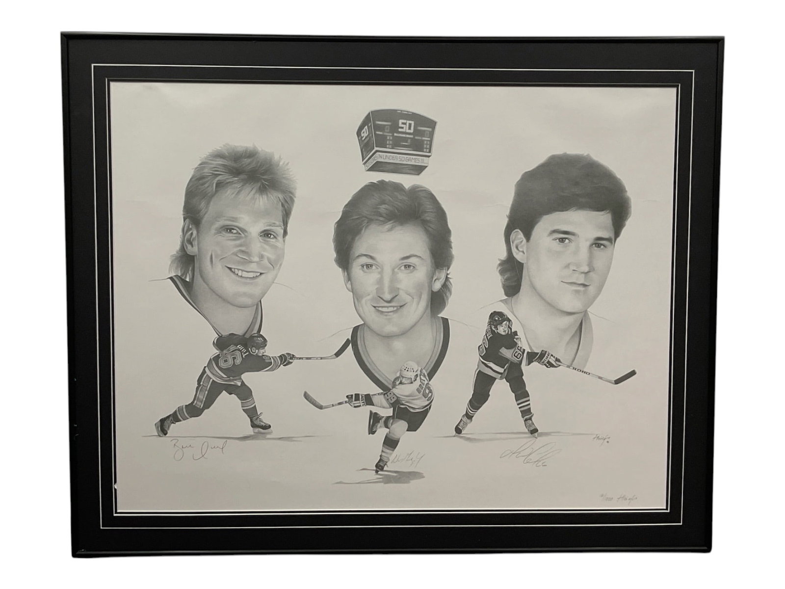 50 Goals in 50 Games NHL Legends Lithograph Signed by Brett Hull, Wayne Gretzky, Mario Lemieux, and: Limited edition black-and-white caricature print depicting Edmonton Oilers legends Wayne Gretzky, Mark Messier, and Jari Kurri. The composition features large portrait likenesses of each player above 