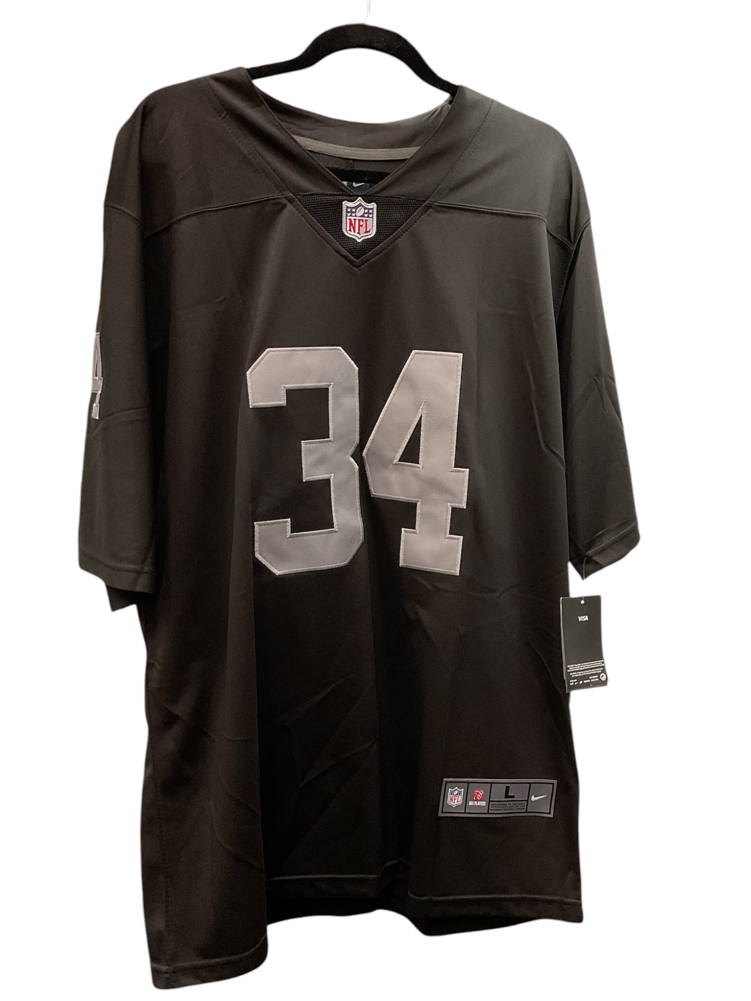 Bo Jackson Signed Las Vegas Raiders Jersey: Black Las Vegas Raiders Nike on-field style jersey featuring the name "Jackson" and number "34" on the reverse, boldly signed by Bo Jackson in silver marker across the numeral &quo
