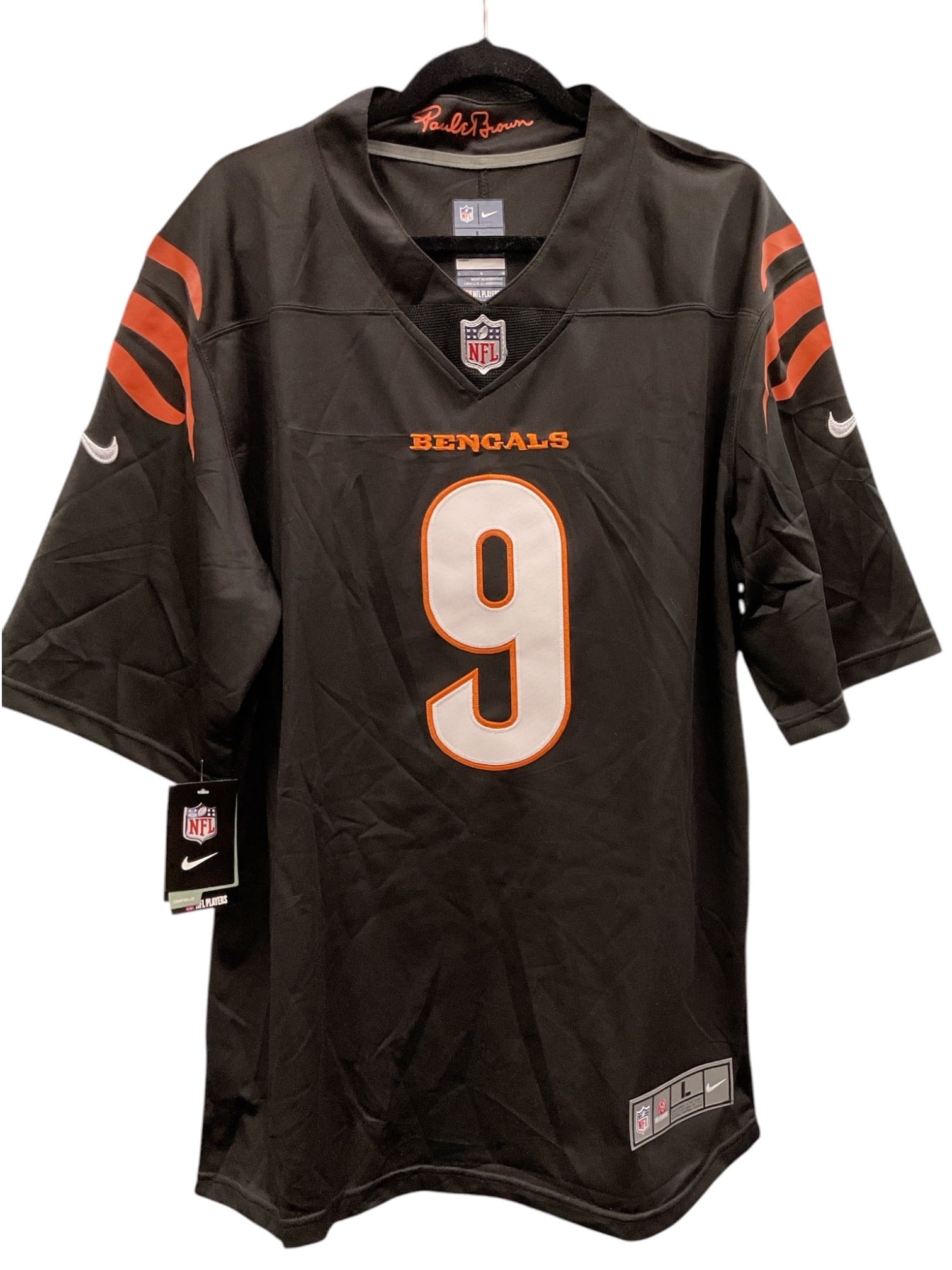 Joe Burrow Signed Cincinnati Bengals Jersey: Black Cincinnati Bengals Nike on-field style jersey featuring the name "Burrow" and number "9" on the reverse, boldly signed by quarterback Joe Burrow in silver marker across the n
