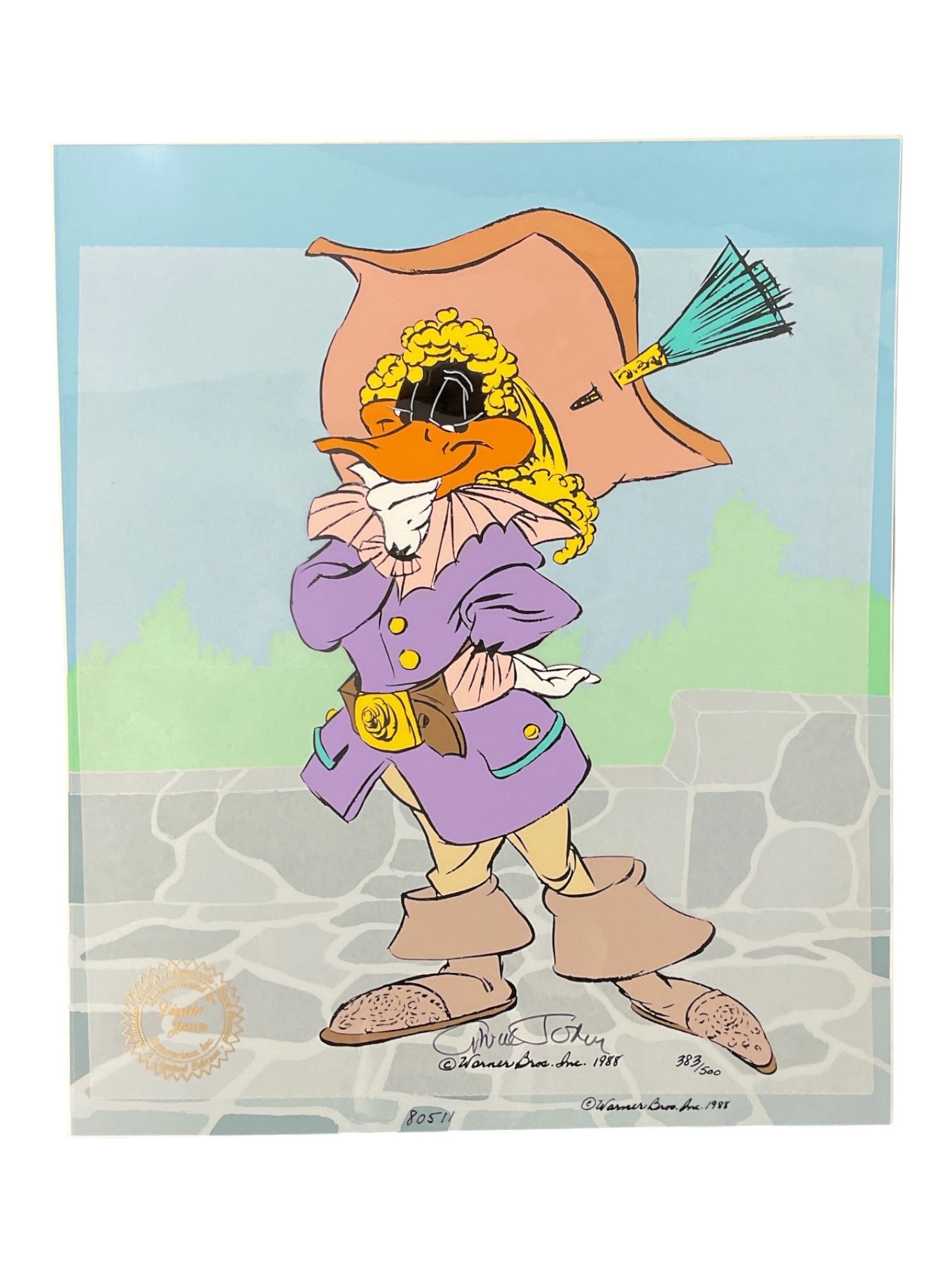 Warner Bros. "Daffy Cavalier" Limited Edition Hand-Painted Cel: Limited edition hand-painted animation cel featuring Daffy Duck dressed as the swashbuckling "Daffy Cavalier," wearing a feathered hat, purple coat, and oversized boots. Based on original Wa