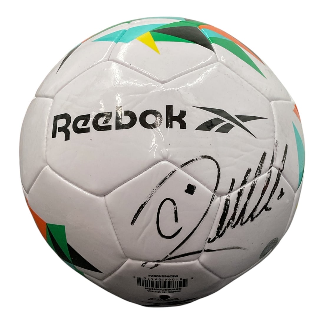 Cristiano Ronaldo Autographed Reebok Soccer Ball: DescriptionAn official Reebok synthetic leather soccer ball featuring a white shell with vibrant geometric panel accents in turquoise, orange, yellow, green, and black, hand-signed in bold black