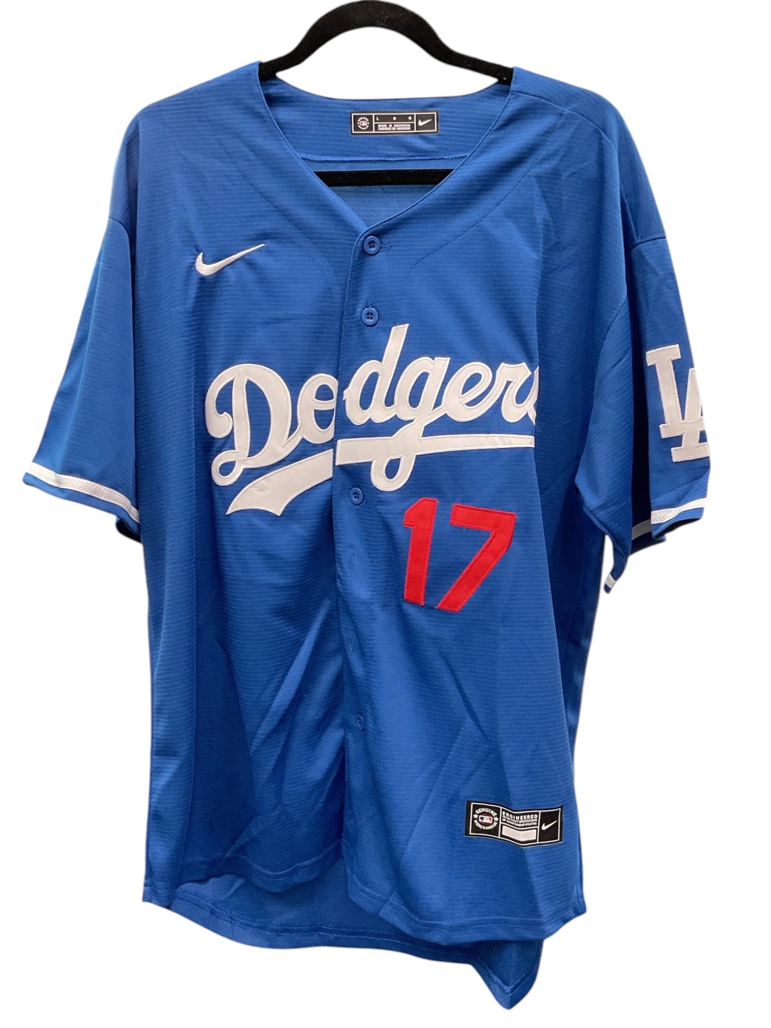 Shohei Ohtani Signed Los Angeles Dodgers Jersey: Blue Los Angeles Dodgers Nike jersey featuring the name "Ohtani" and number "17" on the reverse, boldly signed by Shohei Ohtani in blue marker across the numeral "7." The