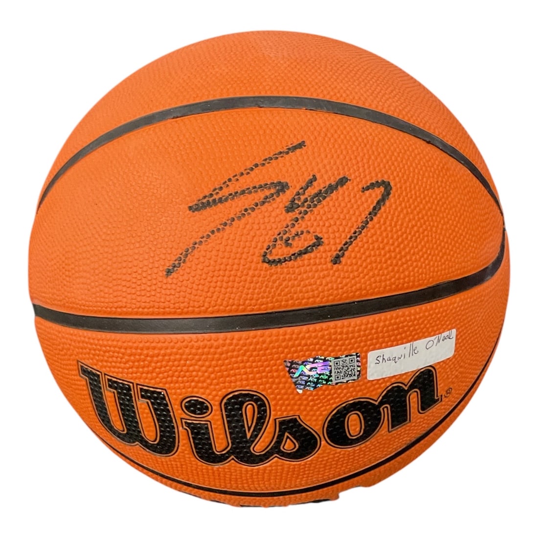Shaquille O'Neal Signed Wilson NBA Basketball: Wilson NBA basketball boldly signed by NBA Hall of Famer Shaquille O'Neal in black marker across the upper panel. The basketball is accompanied by an authentication hologram affixed to the