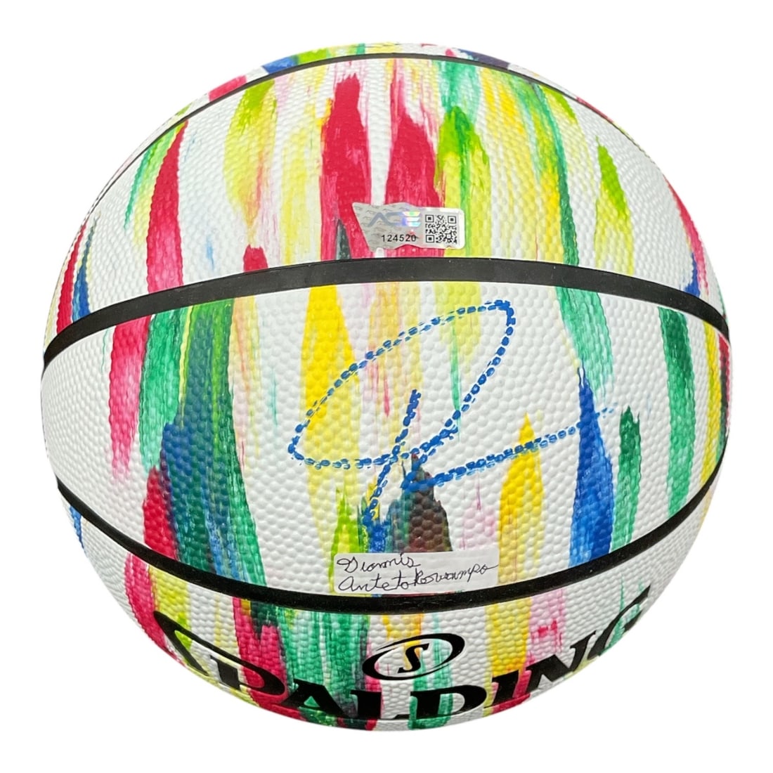 Giannis Antetokounmpo Autographed Spalding Marble Series Basketball: DescriptionAn official Spalding Marble Series all-surface rubber basketball, featuring a unique color-infused multicolor brushstroke pattern across a white base. Hand-signed in blue paint pen by NBA