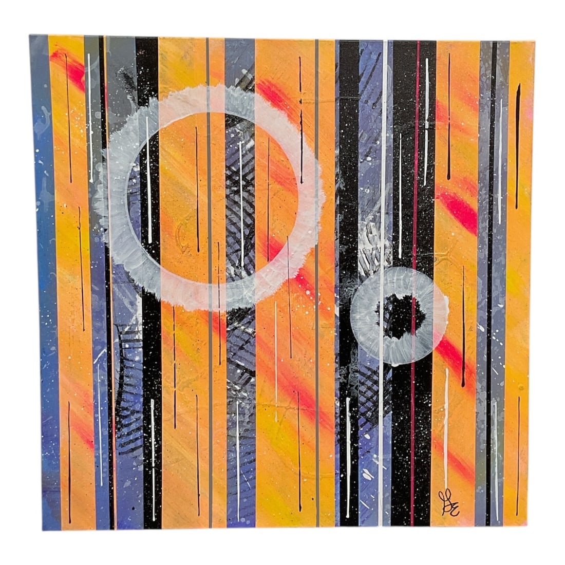 George Marlowe "Pinstripes" Original Acrylic w/ COA: Original acrylic on gallery wrapped canvas by contemporary artist George Marlowe, titled Pinstripes. The abstract composition features bold vertical bands in shades of gold, black, gray, and blue acce