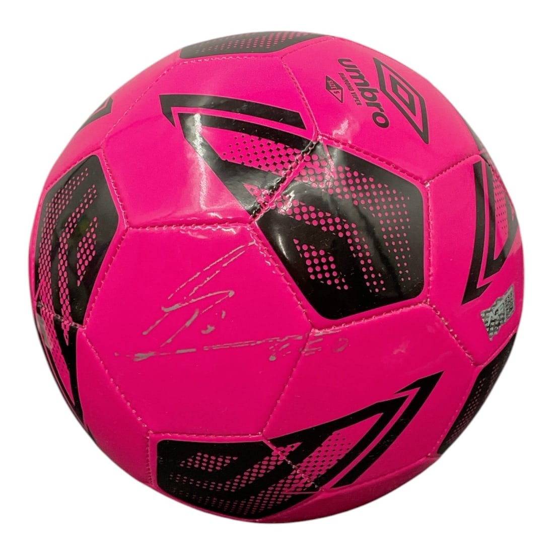 Autographed Soccer Ball by Lionel Messi (Argentine, B.1987): DescriptionA hot pink Umbro "Diamond Viper" size 5 recreational soccer ball, hand-signed in silver marker across a central panel by legendary football icon Lionel Messi.