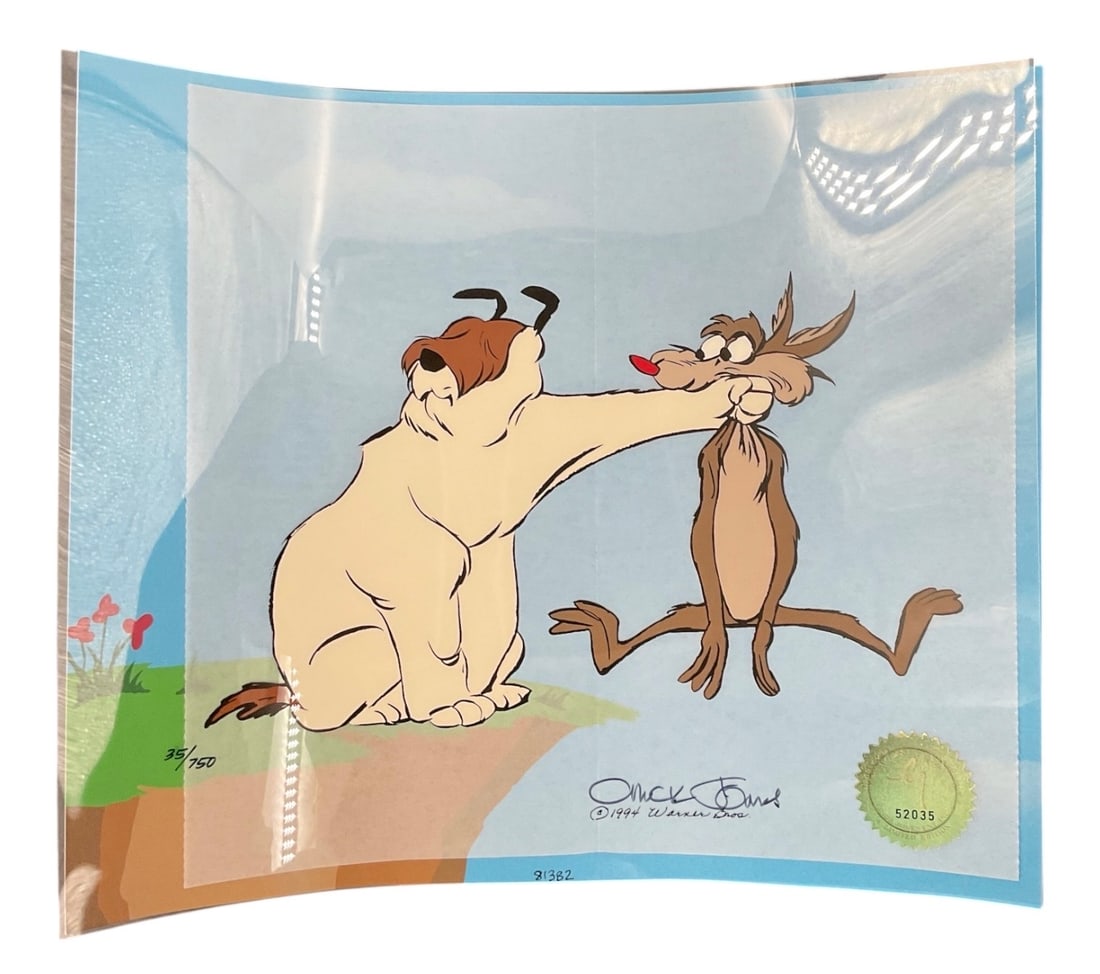 Warner Bros. Wile E. Coyote & Marc Antony Limited Edition Sericel: Limited edition Warner Bros. sericel featuring Wile E. Coyote seated beside Marc Antony, the lovable bulldog from the classic Looney Tunes cartoons. The image bears the printed Chuck Jones signature a