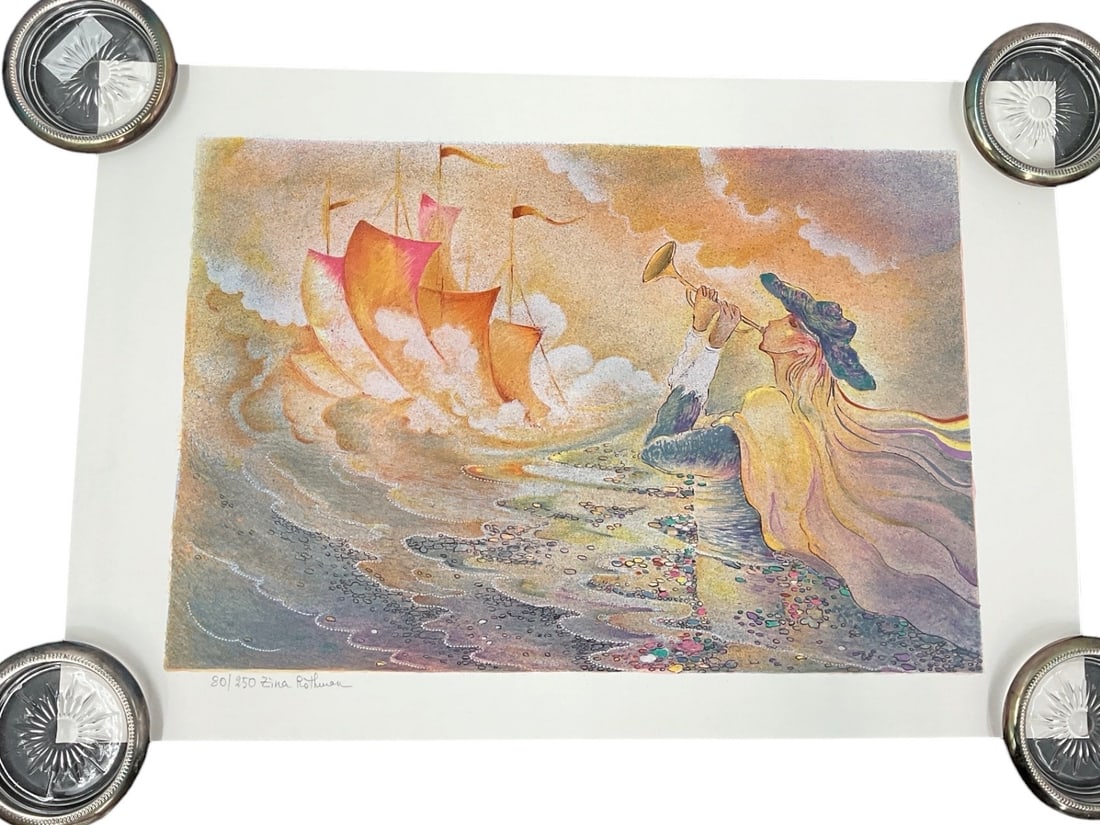 Zina Roitman Seascape Limited Edition Serigraph: Limited edition serigraph by contemporary artist Zina Roitman depicting a dramatic seascape with a woman in flowing robes watching a red-sailed ship navigating turbulent waters beneath a luminous