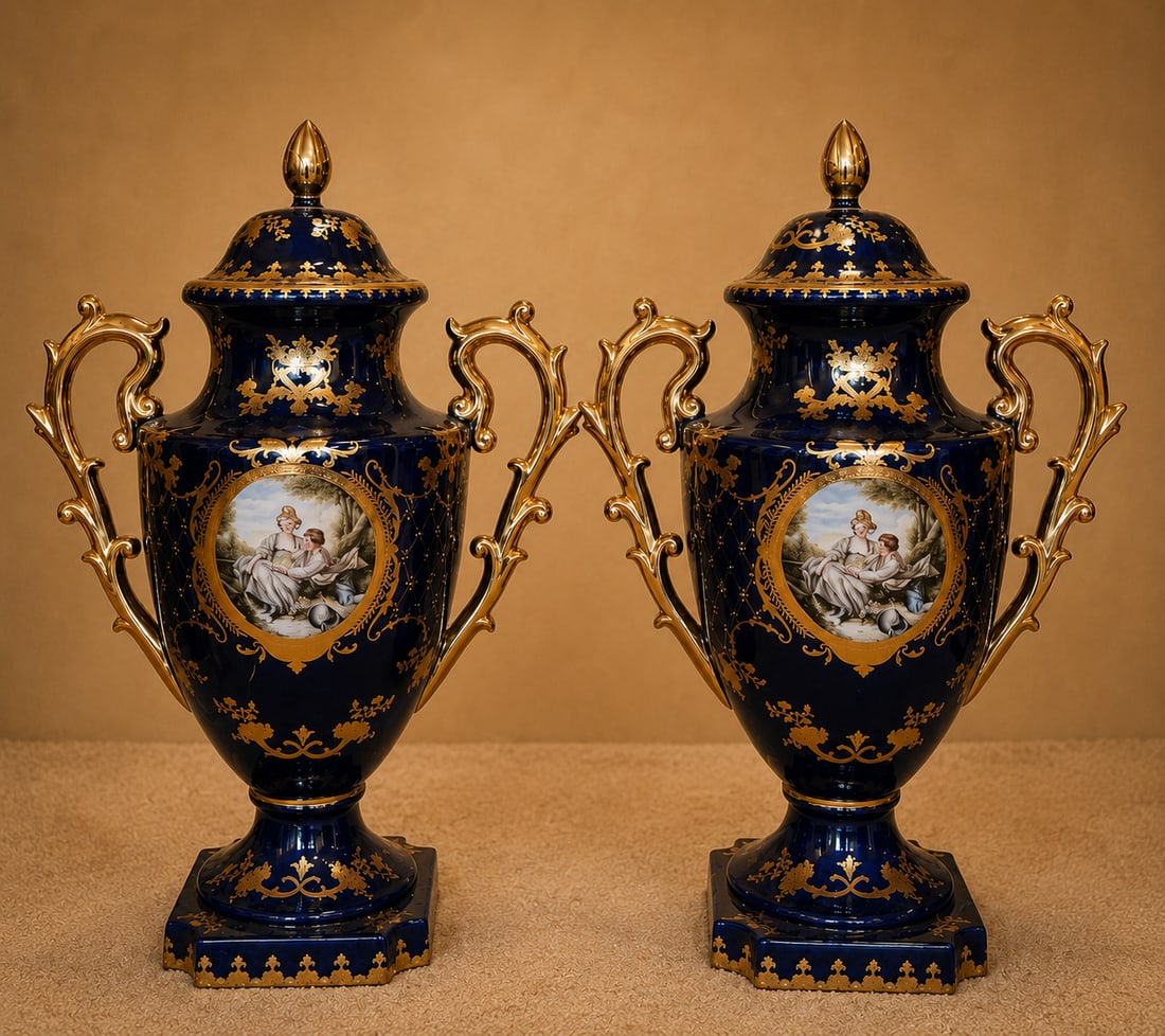 Pair of Monumental Sèvres-Style Cobalt Blue Porcelain Lidded Urns: This spectacular pair of monumental, Sèvres-style lidded porcelain urns features a rich, deep cobalt blue glaze heavily embellished with ornate, raised gilt scrollwork, floral garlands, and fol
