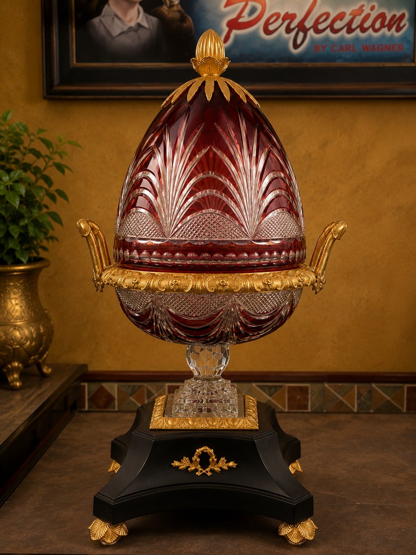 Large Cranberry Cut-to-Clear Glass Egg-Form Casket on Ormolu-Mounted Stand (1 of 4)