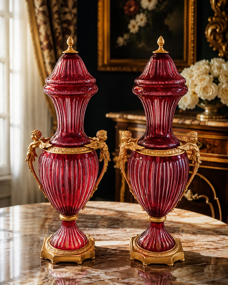 Pair of Monumental Cranberry Glass and Ormolu Lidded Urns with Cherub Handles: This breathtaking pair of monumental, neoclassical-style lidded urns is crafted from rich cranberry glass with a deeply ribbed, optic-fluted body. Each urn is sumptuously adorned with heavy,
