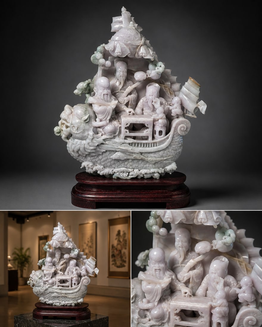 Large Chinese Carved Lavender Jadeite "Dragon Boat" Group with Sanxing: This monumental and masterfully carved Chinese jadeite sculpture is rendered from a highly desirable lavender and pale green jadeite boulder. The complex, openwork composition depicts the
