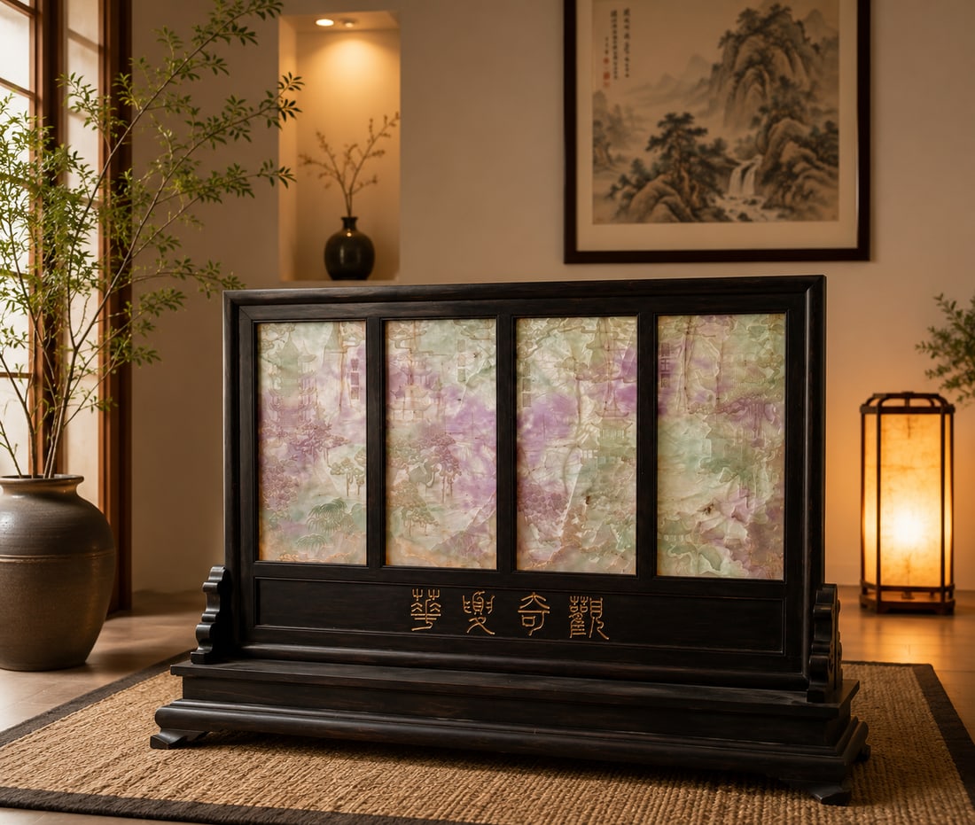 Large Chinese Carved Lavender and Green Jadeite Four-Panel Table Screen: This magnificent and monumental Chinese table screen showcases four matched rectangular jadeite panels set within a richly textured, dark-stained hardwood frame and stand. The translucent jadeite plaq