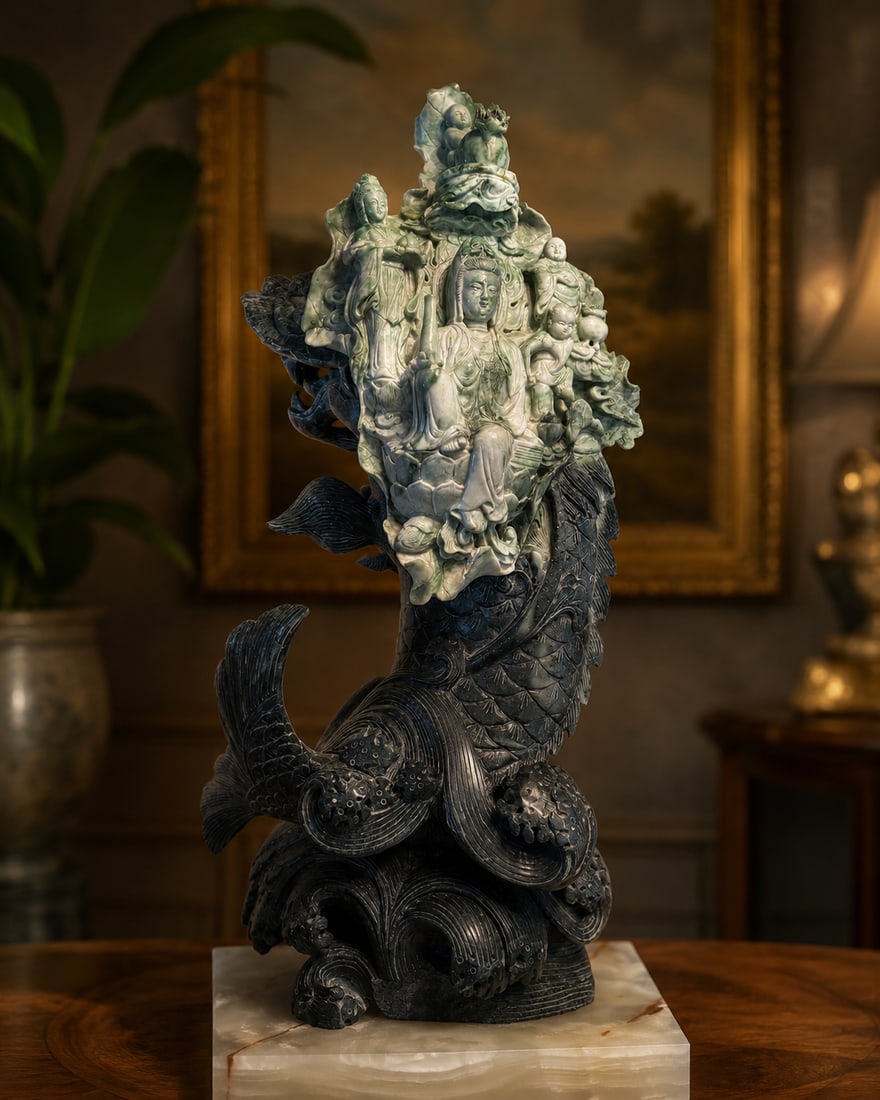 Large Chinese Carved Jadeite Guanyin and Dragon Carp Sculpture: This monumental, highly detailed Chinese hardstone sculpture is hand-carved from dual-toned jadeite. The piece features a striking contrast between the dark, spinach-green body of a dragon-headed carp