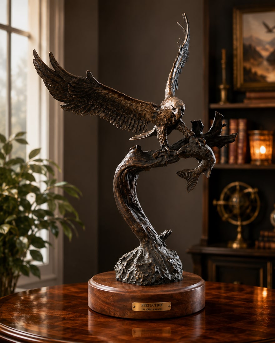 "Perfection" by Carl Wagner (American, 1938-2011) Patinated Bronze 13/15: This dramatic, large-scale patinated bronze sculpture captures a bald eagle in dynamic flight, swooping down to seize a fish from the water. The eagle is frozen mid-action, clenching its aquatic prey 