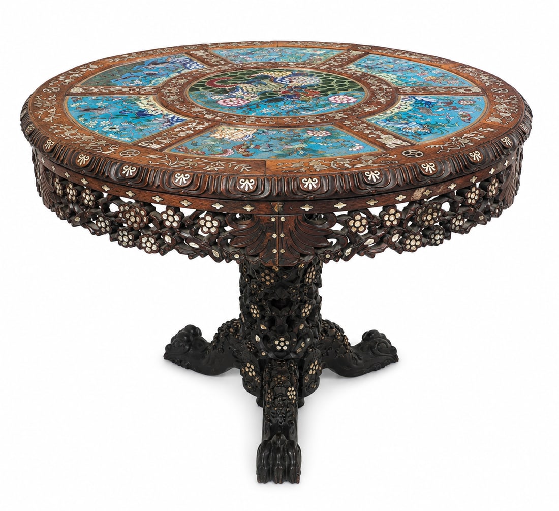 Chinese Export Cloisonné and Mother-of-Pearl Inlaid Rosewood Tilt-Top Table: This highly decorative Chinese Export rosewood tilt-top table features an intricately designed circular top set with seven polychrome cloisonné enamel panels. The large central medallion depict