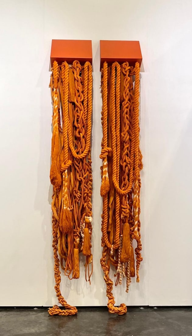 "Rope" by Cuchi Taborda Cotton Thread Wall Installation: Monumental fiber art installation titled Rope, composed of suspended cotton cords, braided ropes, tassels, and textile elements arranged in two vertically oriented groupings. R