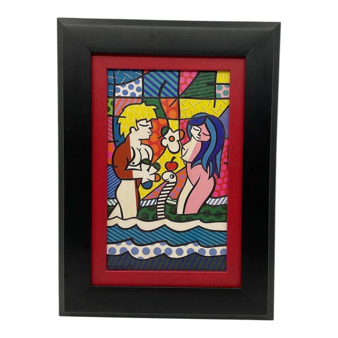 "Adam and Eve" by Romero Britto (Brazil, B.1963) Mixed Media / Embellished Giclee on Canvas.: This work by Romero Britto features his signature Neo-Pop style, characterized by bold black outlines, vibrant colors, and playful patterns including polka dots and stripes. The composition offers a m