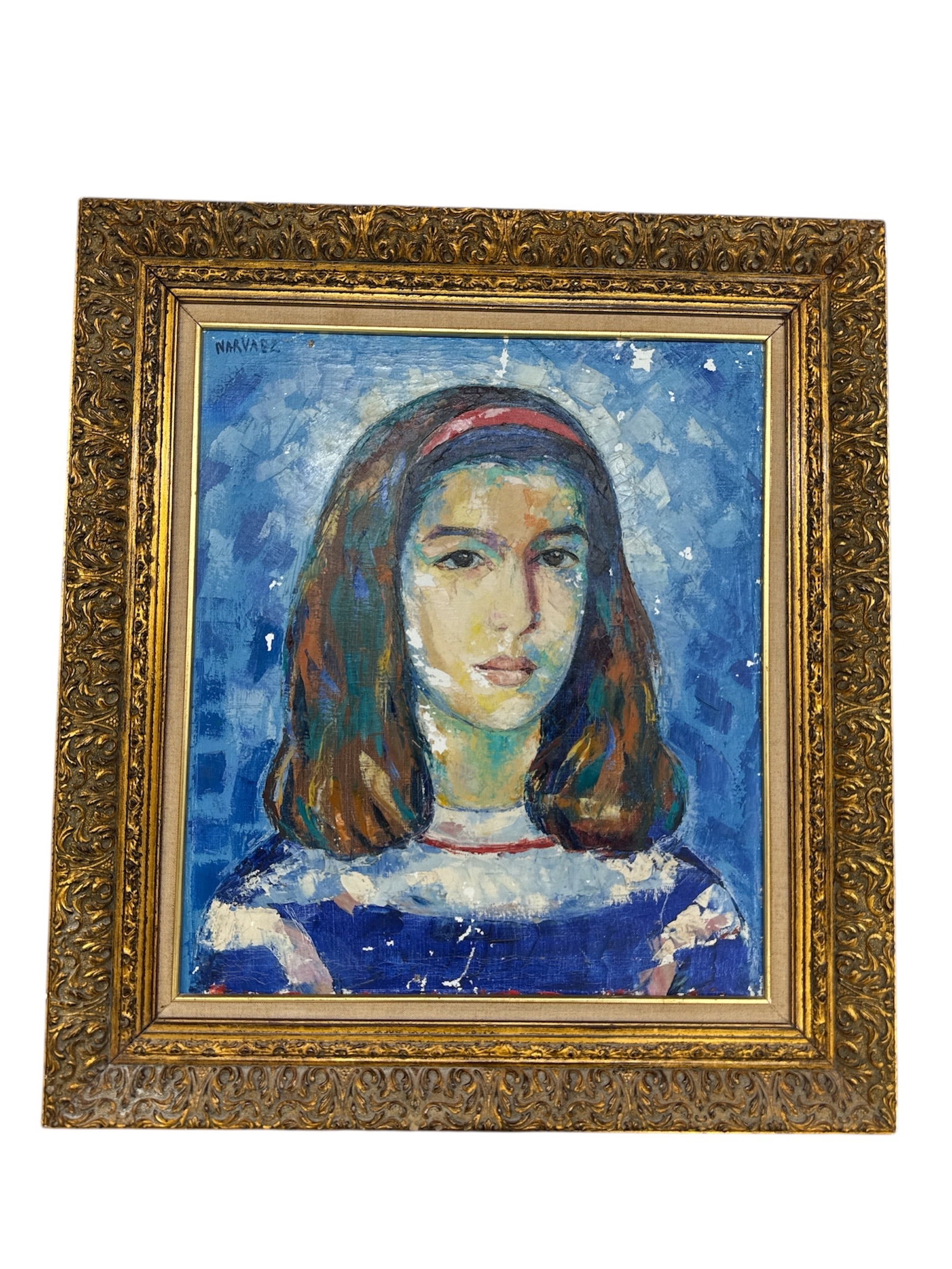 Francisco NarvÃ¡ez (Venezuelan, 1905-1982) | Portrait of a Young Girl: This expressive oil painting depicts a young woman rendered in a bold, painterly style with strong brushwork and layered color. The subject is shown against a textured blue background, with a direct g