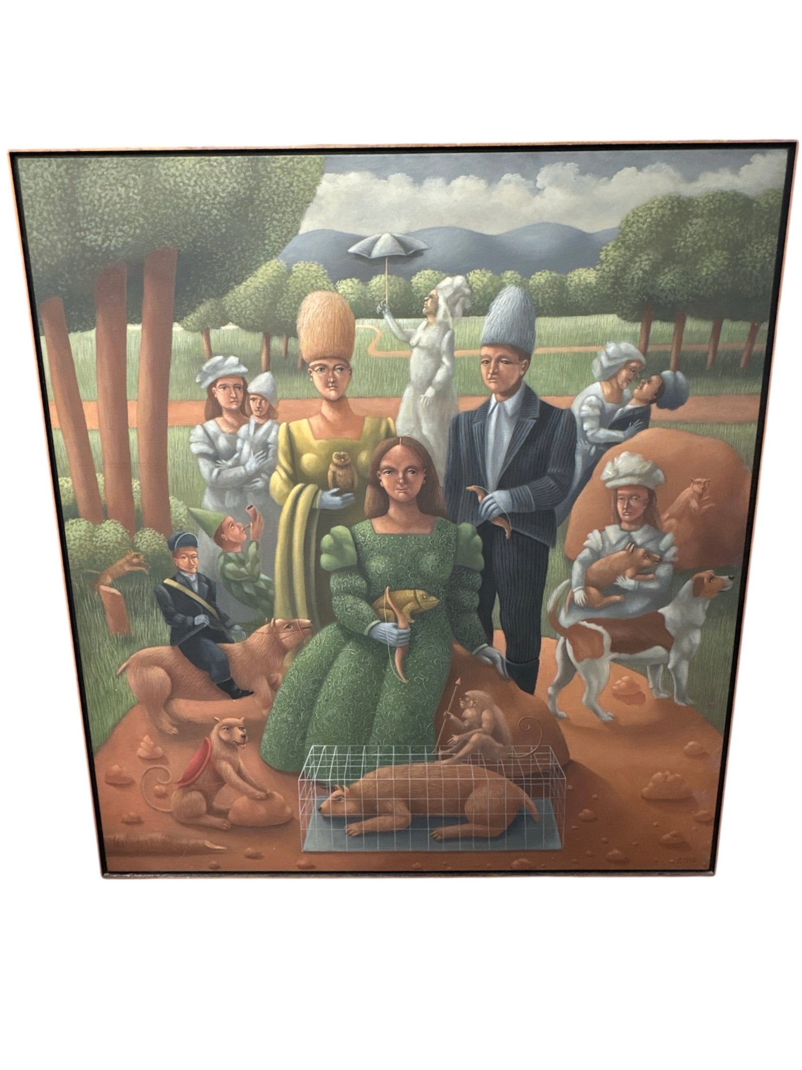 CARMELO NIÑO (Venezuelan, b. 1951) Oil on Canvas: This large-scale oil painting by Carmelo Niño depicts a richly composed surrealist scene titled Diana Cazadora. The composition centers on a seated female figure in a green dress surrounded by 