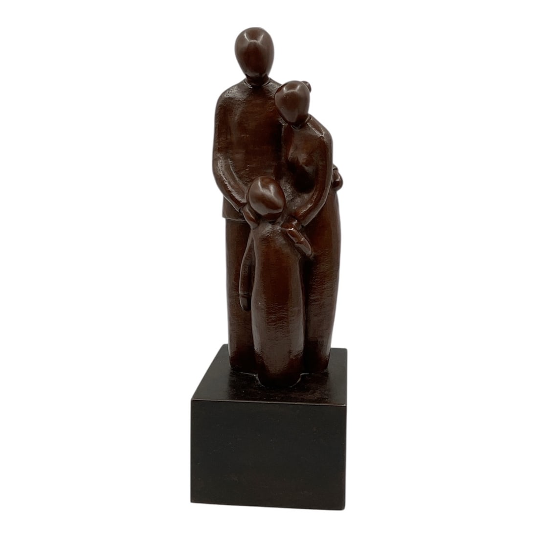 "The Family" by Rocio Rodriguez (Cuba, B.1952) Cast Bronze: This contemporary bronze sculpture by Cuban-born artist Rocio Rodriguez depicts a stylized, intimate family group consisting of two adults and a child. The work is characterized by smooth, elongated f