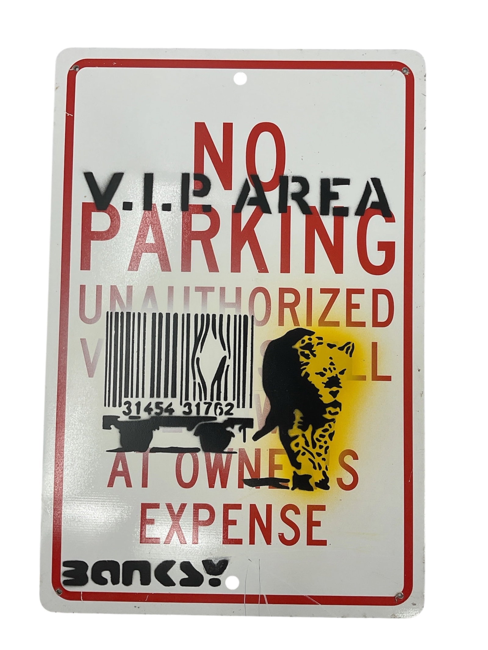 "V.I.P. Area / Barcode Leopard" by Banksy (UK, B.1974) Stencil and Mixed Media on Metal Sign (1 of 2)