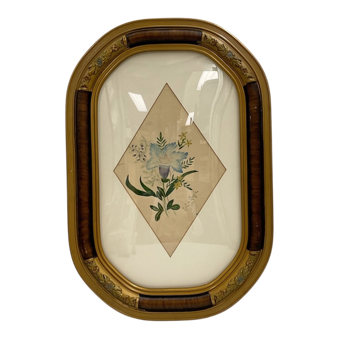 "Floral Bouquet" by Paul de Longpre (France/United States, 1855-1911) Watercolor on paper: This original 1903 watercolor painting by the renowned French-American floral artist Paul de Longpré features a delicate botanical arrangement highlighting a central blue blossom flanked by sma