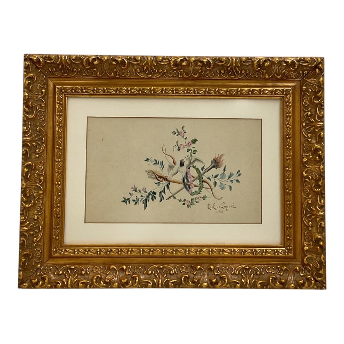 "Allegorical Trophy with Dove and Torch" by Paul de Longpre (France/United States, 1855-1911): This original 1903 watercolor painting by the celebrated floral and botanical artist Paul de Longpré departs from his traditional pure still lifes to depict a classical allegorical