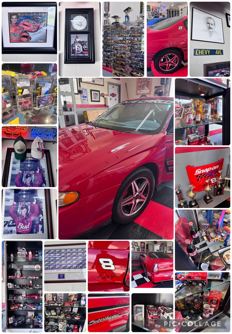 2004 Chevrolet Monte Carlo SS Dale Earnhardt Jr. Signature Series with Extensive NASCAR Memorabilia: This comprehensive NASCAR collector's lot features a clean, low-mileage 2004 Chevrolet Monte Carlo SS Dale Earnhardt Jr. Signature Edition finished in Victory Red with black graphic striping and s