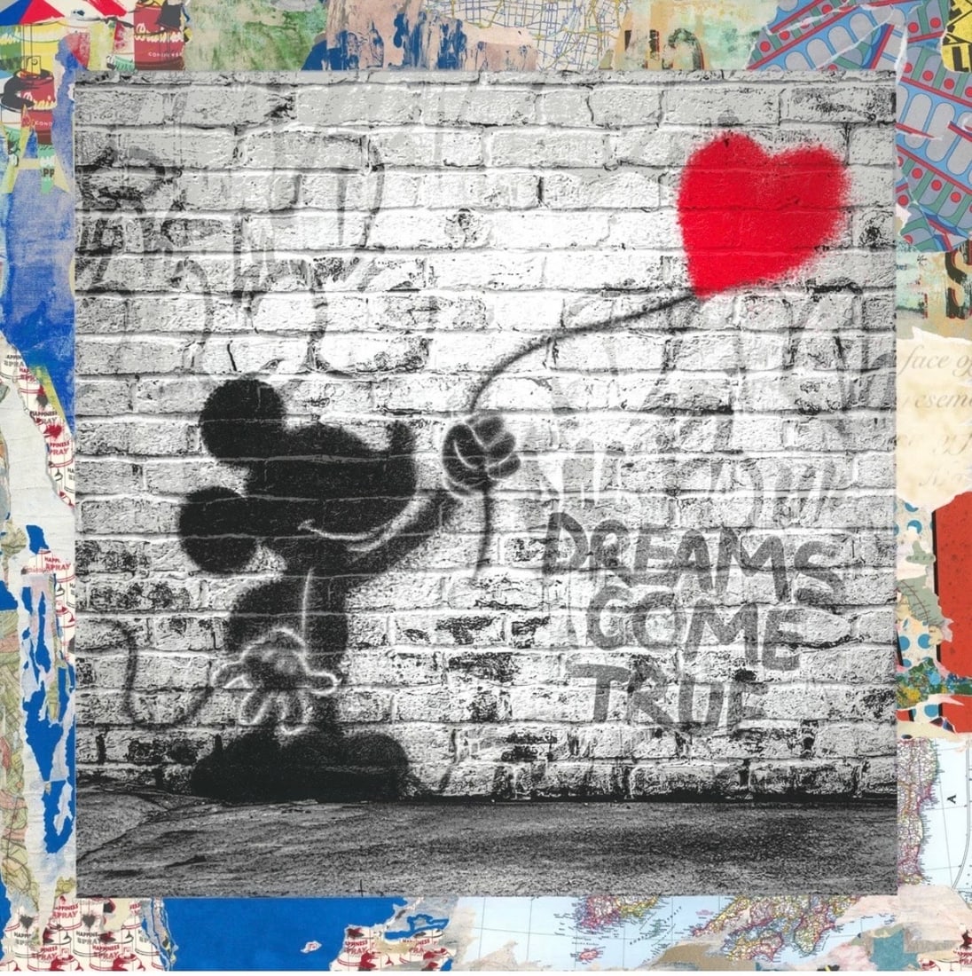 "Dreams Come True" by Mr. Brainwash (France/United States, B.1966) Mixed Media on Paper: This original mixed-media work on paper by contemporary street artist Mr. Brainwash features a stenciled black silhouette of Mickey Mouse set against a monochrome brick wall background tagged with the