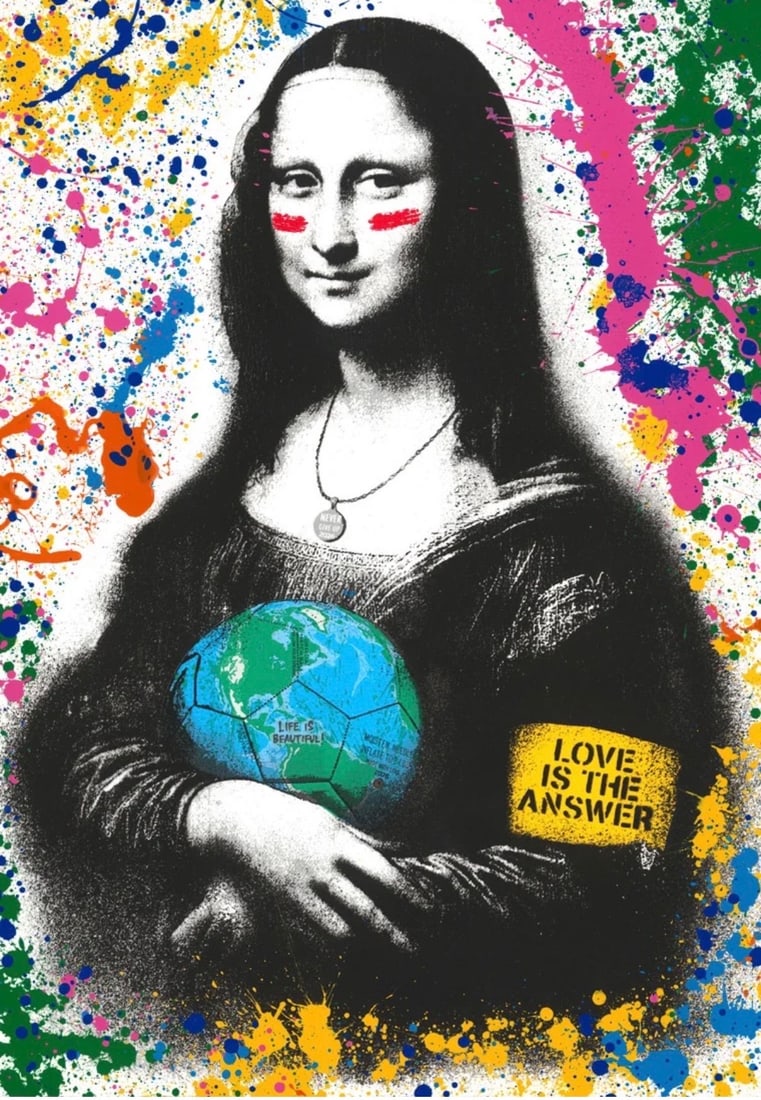"Dreams Come True" by Mr. Brainwash (France/United States, B.1966) Mixed Media on Paper: This original mixed-media work on paper by contemporary street artist Mr. Brainwash features a stenciled black silhouette of Mickey Mouse set against a monochrome brick wall background tagged with the