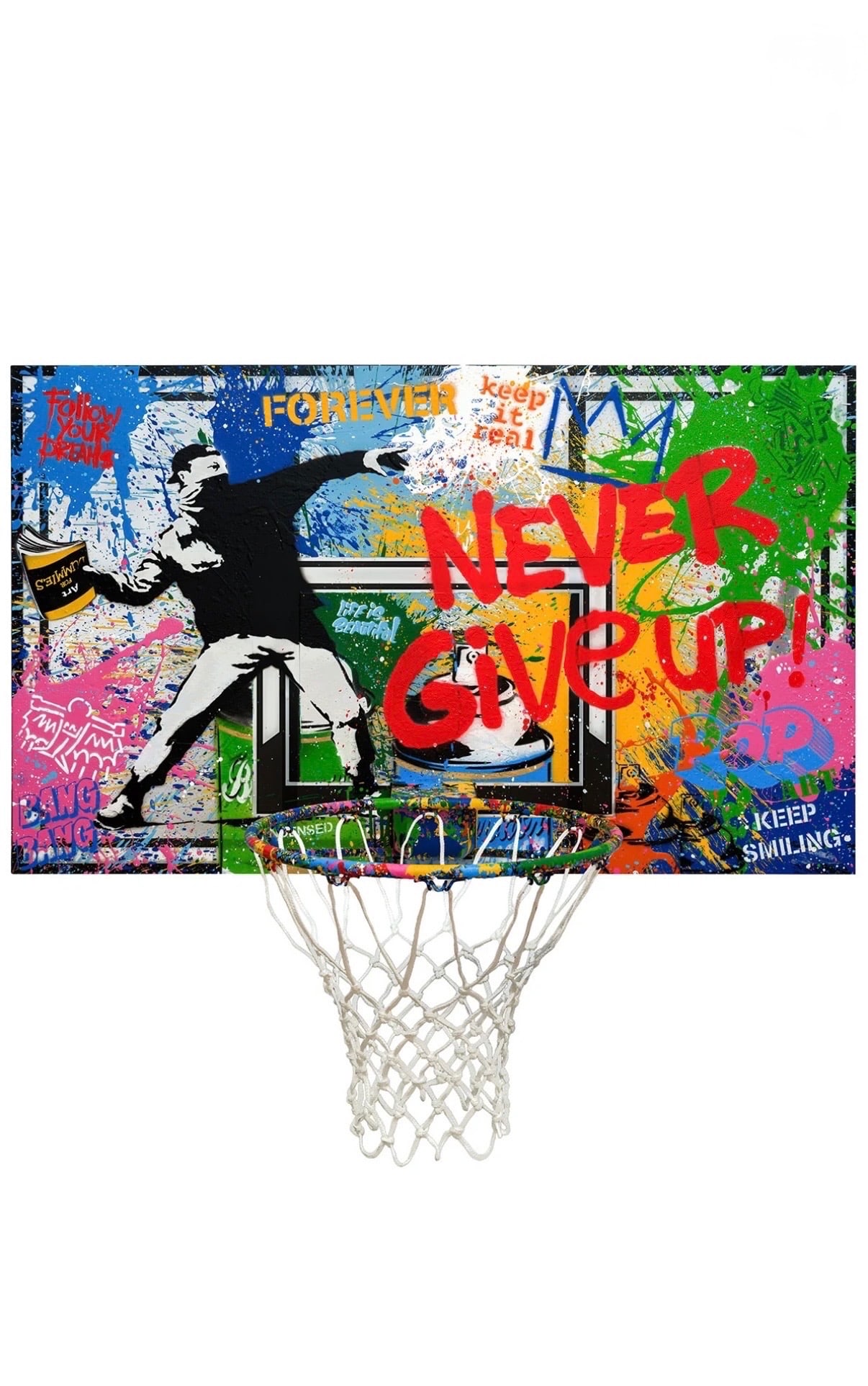 "Shooter's Square" by Mr. Brainwash (France/United States, B.1966) Mixed Media: This 2026 original mixed-media assemblage by contemporary pop and street artist Mr. Brainwash utilizes a functional basketball backboard and hoop rim as its primary canvas. The work features a central