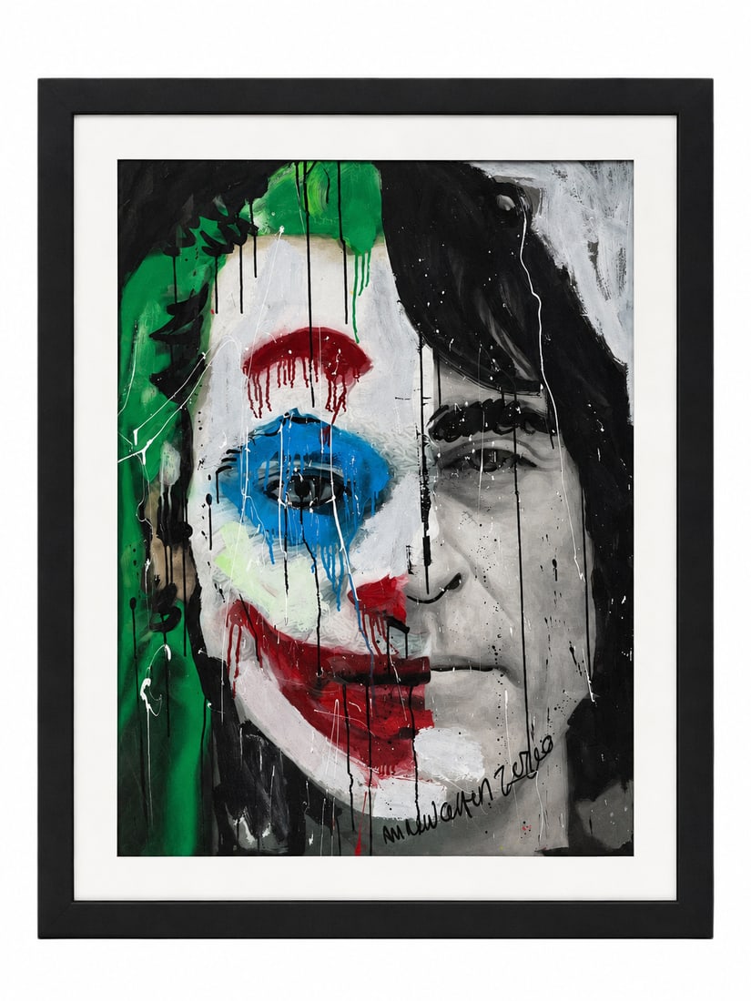 "Joker Split Portrait" by Andrew Cotton (American, Contemporary) Mixed media on paper: This striking contemporary mixed-media work on paper by American artist Andrew Cotton presents a large-scale split portrait of Joaquin Phoenix's iconic Joker. The composition divides the face