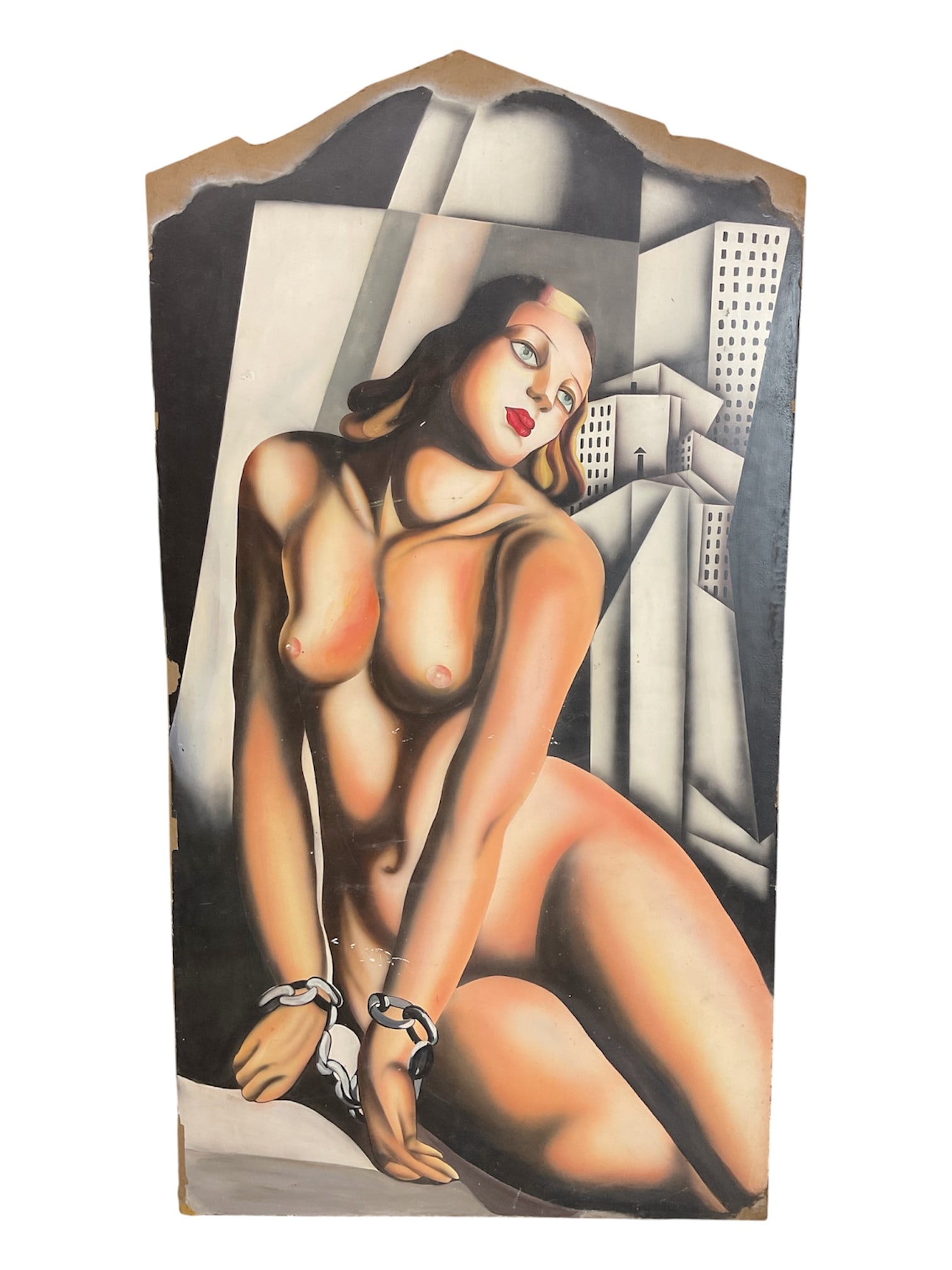 Andromeda after Tamara de Lempicka (Polish, 1898-1980) Oil on Shaped Wood Panel: This striking Art Deco composition is an impressive large-scale interpretation after Tamara de Lempicka’s iconic 1927 masterpiece, "Andromeda." Executed on a heavy, custom-cut shaped