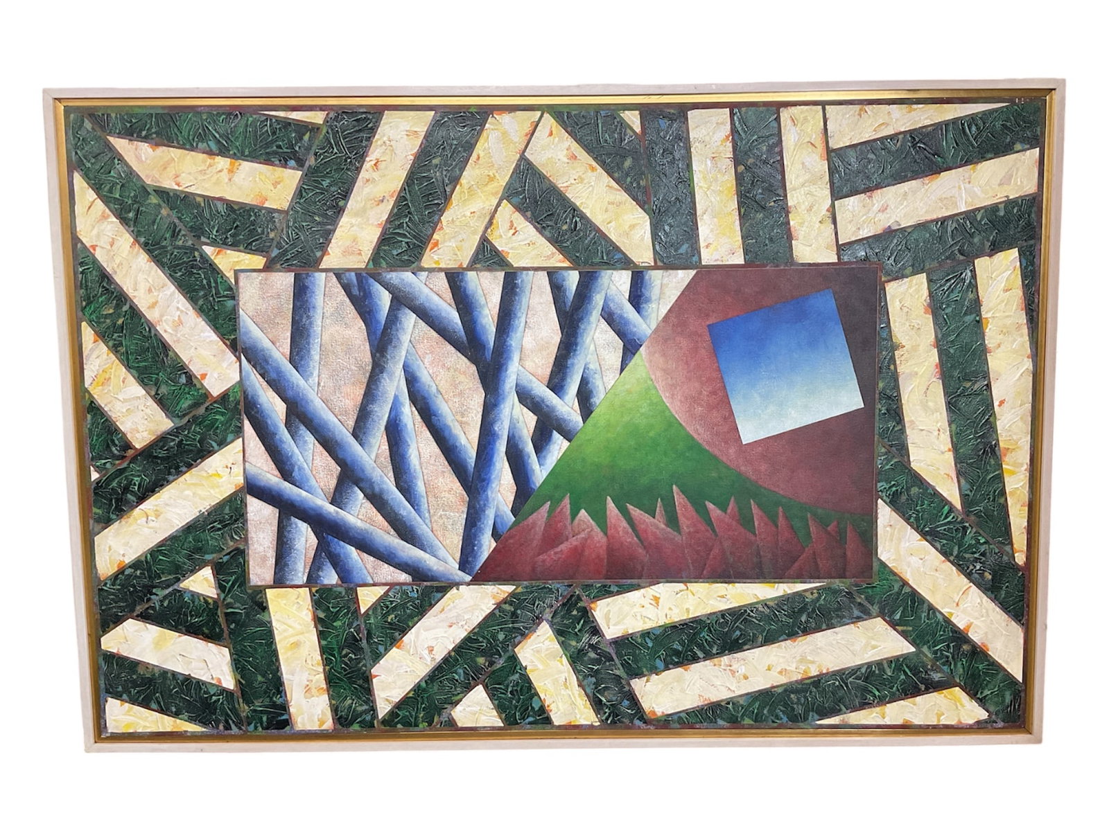 Barrier Buzz by Richard Carter (American, 20th Century) Acrylic on Canvas, 1987: Bold abstract acrylic composition titled “Barrier Buzz” by Richard Carter, dated February 28, 1987. The work features a dynamic geometric arrangement with textured green and cream outer fo