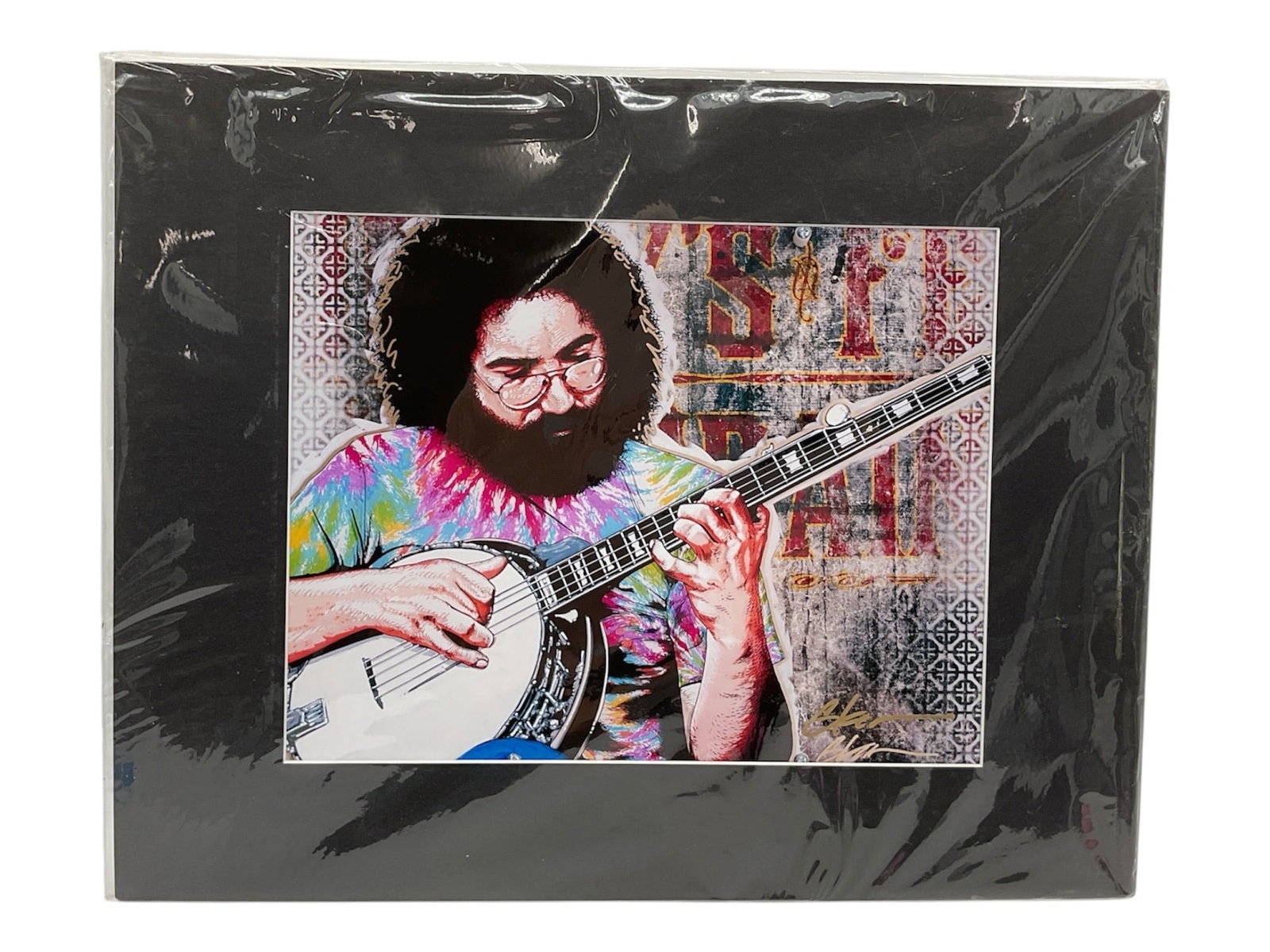 Jerry Garcia Playing Banjo by Alan Steinberg (USA, 1946-2023) Mixed Media Print: This vibrant mixed media print by Alan Steinberg depicts Grateful Dead frontman Jerry Garcia playing a banjo. The artwork features Garcia in a colorful tie-dye shirt against a textured, patterned back