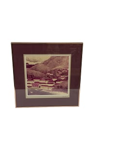 Coastal Village Landscape Print, Framed: Charming coastal village landscape print featuring hillside colonial-style architecture, lush mountains, and a serene waterfront. Rendered in soft lavender, sepia, and pastel tones, creating a calm tr